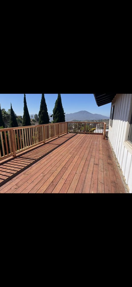 Redwood deck with a mountain view in San Diego